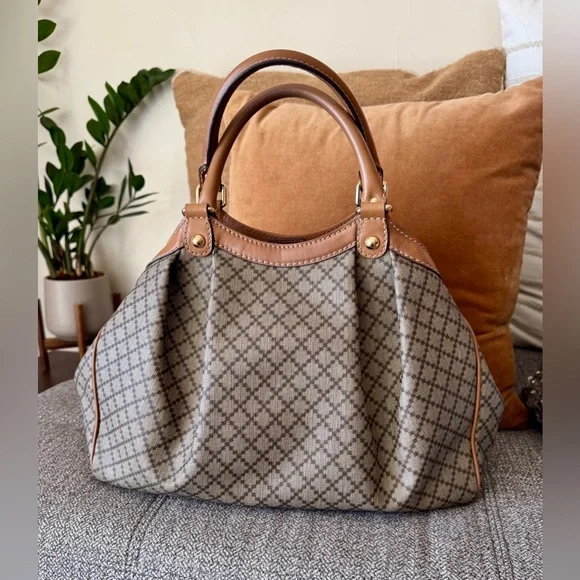 Designer-Style Brown Patterned Tote Bag with Tan Leather Trim - Picture 2 of 16